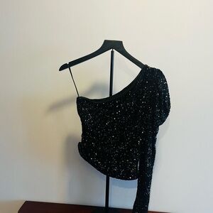 Express Black Sequin One-Shoulder Blouse